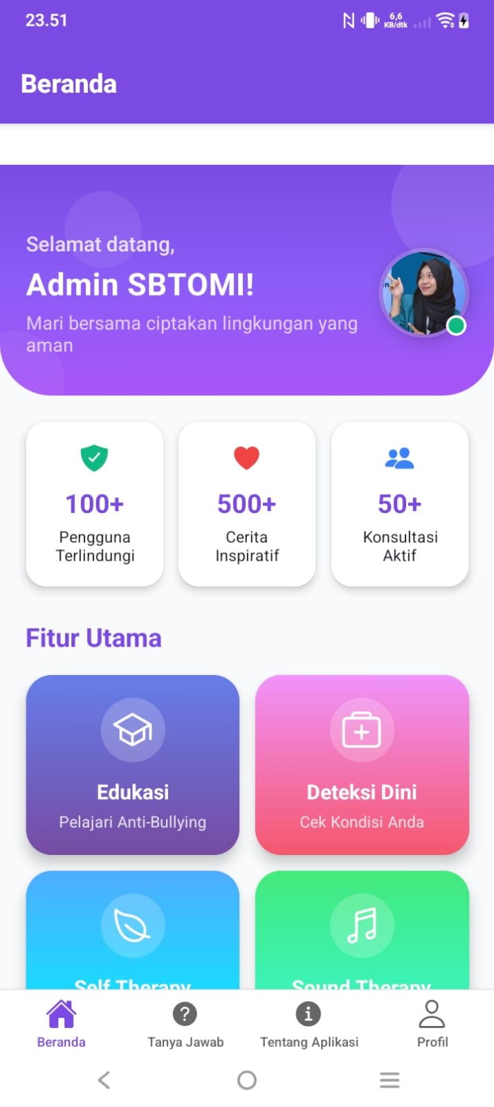 Tampilan beranda aplikasi SBTOMI
